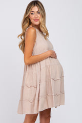 Beige Textured Halter Ruffle Tiered Maternity Dress