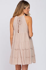 Beige Textured Halter Ruffle Tiered Maternity Dress