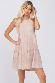 Beige Textured Halter Ruffle Tiered Dress