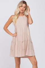 Beige Textured Halter Ruffle Tiered Maternity Dress