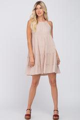 Beige Textured Halter Ruffle Tiered Dress