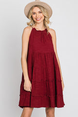 Burgundy Textured Halter Ruffle Tiered Dress