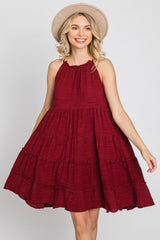 Burgundy Textured Halter Ruffle Tiered Dress