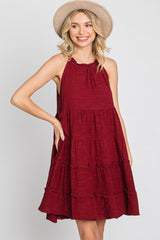 Burgundy Textured Halter Ruffle Tiered Dress