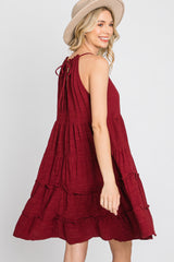 Burgundy Textured Halter Ruffle Tiered Dress