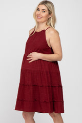 Burgundy Textured Halter Ruffle Tiered Maternity Dress