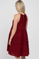 Burgundy Textured Halter Ruffle Tiered Maternity Dress