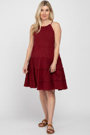 Burgundy Textured Halter Ruffle Tiered Maternity Dress