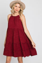 Burgundy Textured Halter Ruffle Tiered Dress