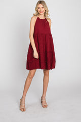 Burgundy Textured Halter Ruffle Tiered Dress