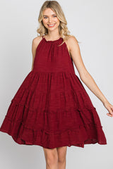 Burgundy Textured Halter Ruffle Tiered Dress