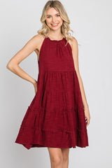 Burgundy Textured Halter Ruffle Tiered Dress