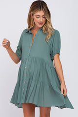 Teal Tiered Button Down Maternity Dress