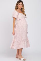 Pink Floral Crochet Accent Maternity Midi Dress