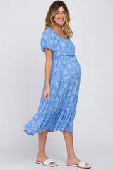 Blue Floral Crochet Accent Maternity Midi Dress