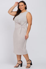 Grey Sleeveless Gathered Waist Plus Midi Dress