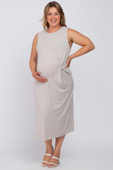 Grey Sleeveless Gathered Waist Plus Maternity Midi Dress