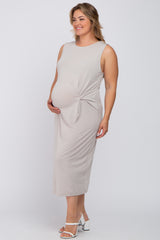 Grey Sleeveless Gathered Waist Plus Maternity Midi Dress