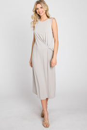 Grey Sleeveless Gathered Waist Midi Dress