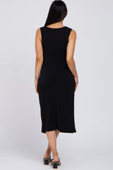 Black Sleeveless Gathered Waist Maternity Midi Dress