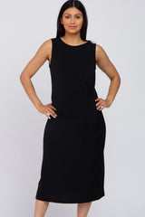 Black Sleeveless Gathered Waist Maternity Midi Dress