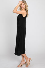 Black Sleeveless Gathered Waist Midi Dress