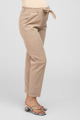 Beige Waist Tie Cuffed Maternity Pants