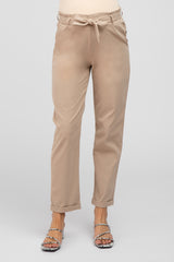 Beige Waist Tie Cuffed Maternity Pants