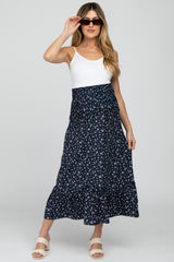 Navy Smocked Floral Maternity Maxi Skirt