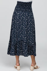 Navy Smocked Floral Maxi Skirt