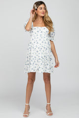 Blue Floral Puff Sleeve Maternity Mini Dress