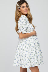 Blue Floral Puff Sleeve Maternity Mini Dress