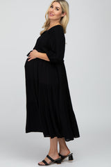 Black Puff Sleeve Tiered Maternity Midi Dress