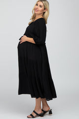 Black Puff Sleeve Tiered Maternity Midi Dress