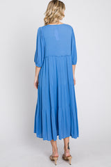 Blue Puff Sleeve Tiered Midi Dress