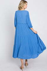 Blue Puff Sleeve Tiered Midi Dress