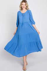 Blue Puff Sleeve Tiered Midi Dress