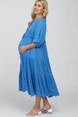 Blue Puff Sleeve Tiered Maternity Midi Dress