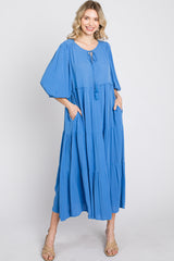 Blue Puff Sleeve Tiered Midi Dress