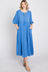 Blue Puff Sleeve Tiered Midi Dress