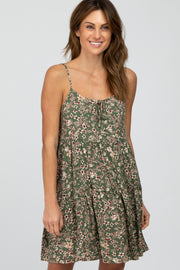 Olive Floral Front Cutout Tiered Dress