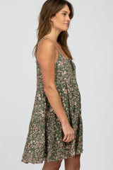 Olive Floral Front Cutout Tiered Dress