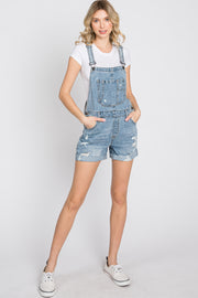 Blue Distressed Denim Short Overalls