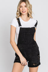 Black Distressed Denim Short Overalls