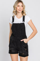 Black Distressed Denim Short Overalls