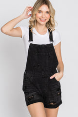 Black Distressed Denim Short Overalls