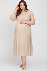 Beige Crochet Top Maternity Plus Midi Dress