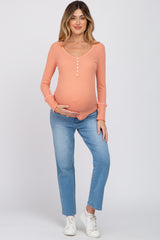 Peach Waffle Knit Maternity Long Sleeve Top