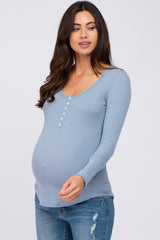 Light Blue Waffle Knit Maternity Long Sleeve Top