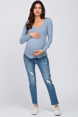 Light Blue Waffle Knit Maternity Long Sleeve Top